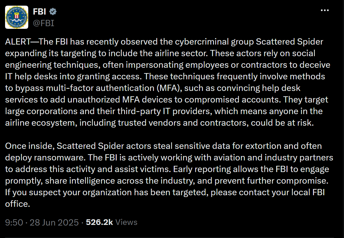 FBI alert concerning Scattered Spider and the airline sector